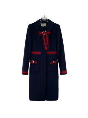 Gucci Dark Navy Bow Ring Crystal-Embellished Wool Coat